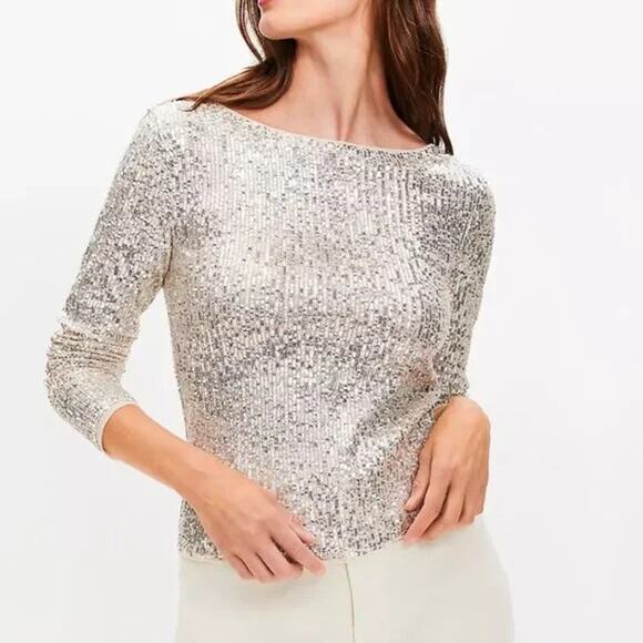 LOFT Champagne Sequin Long-Sleeve Tee Size Small NWT✨🎉🥂 - Picture 1 of 9
